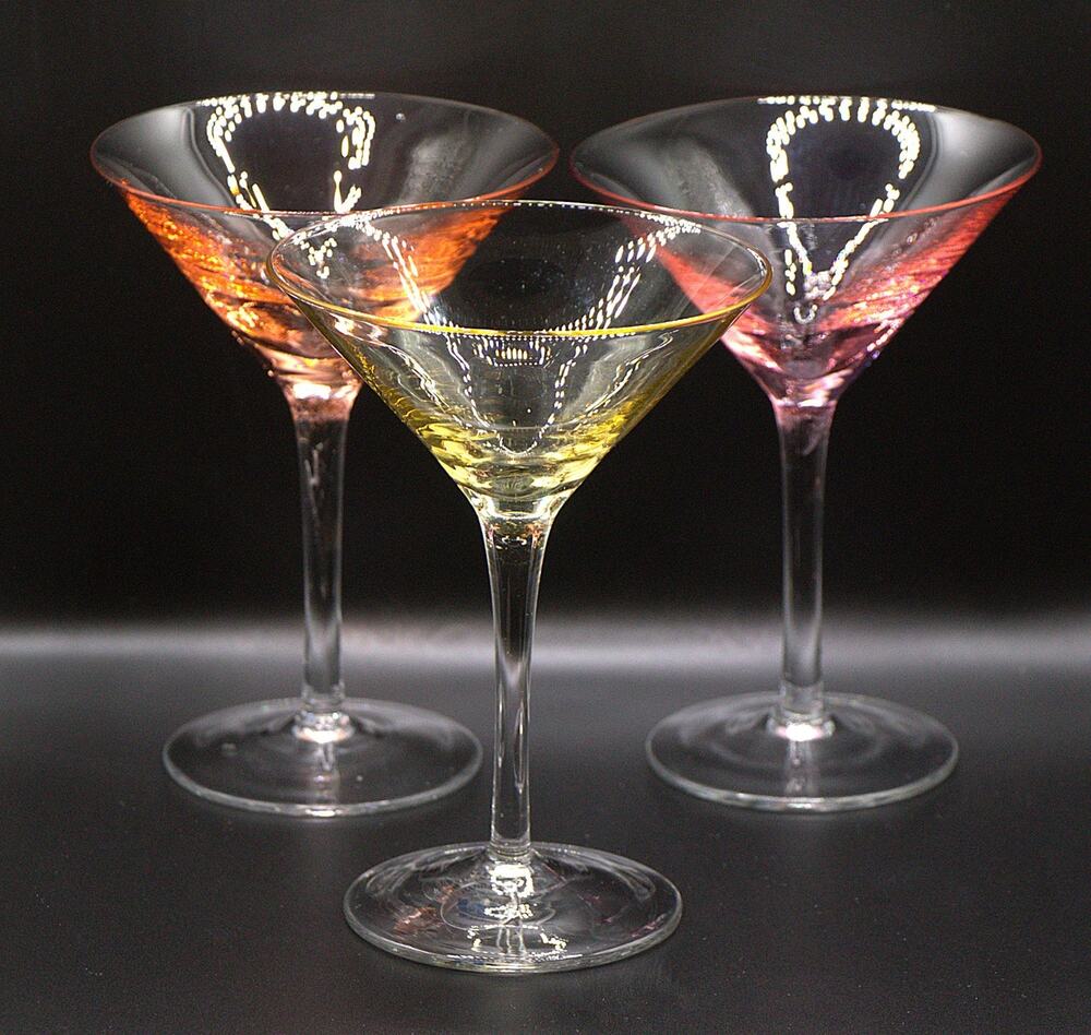 Wells Hand Blown Martini Glasses Purple Pink Yellow Ombre Effect Set of 3